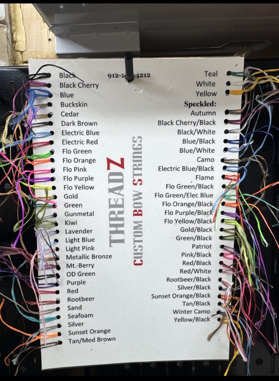 Custom bow string color chart with 50+ solid and speckled colors for BCY 452 Extra strings, GAS and ThreadZ