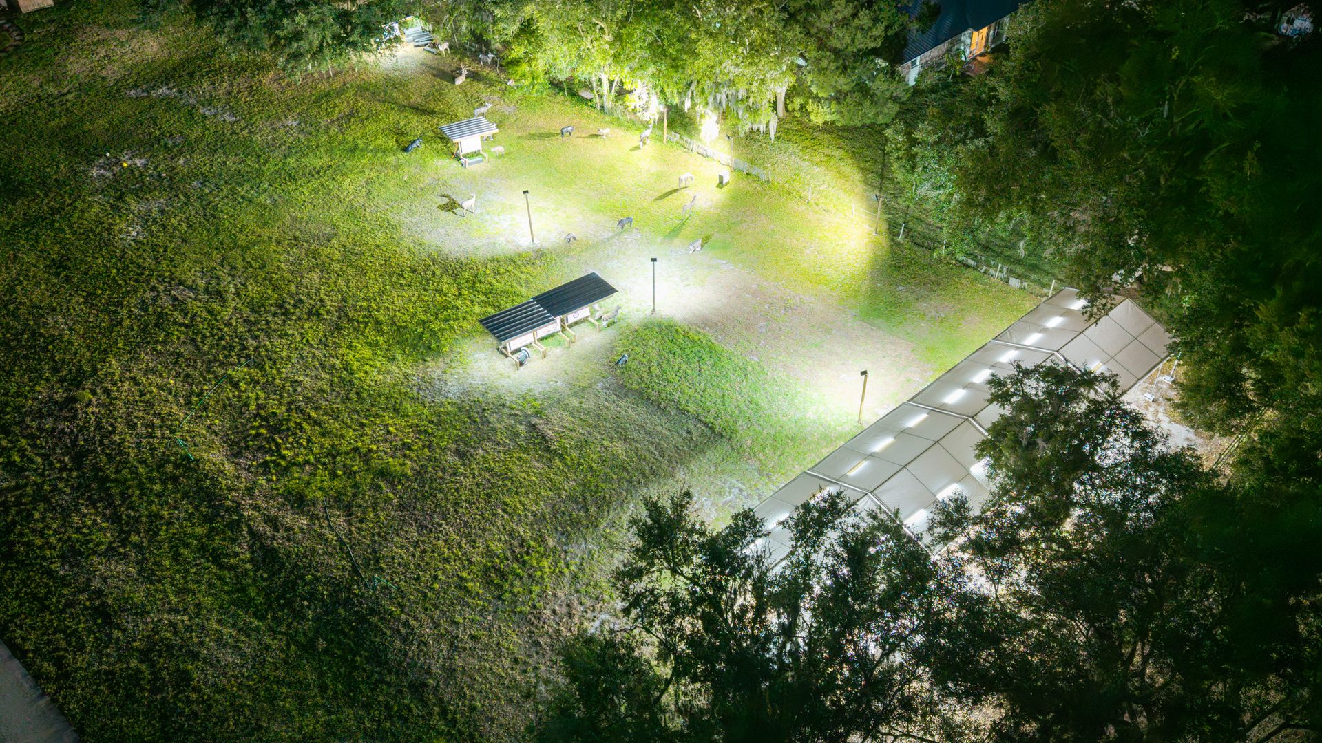 Aerial night view of Archery Sarasota's outdoor range, used for western hunt preparation